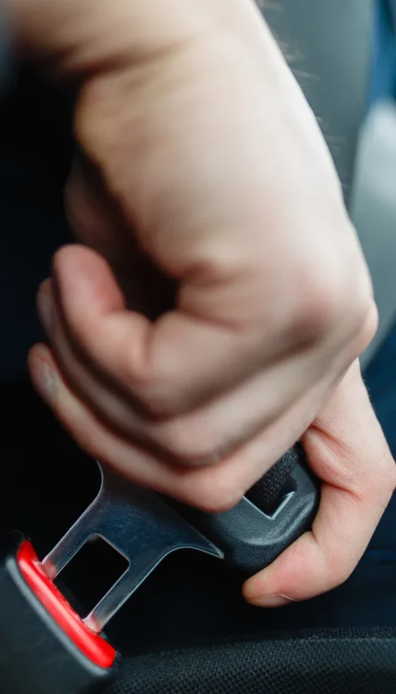 Male hand fastens the seat belt of the car from the driver's seat