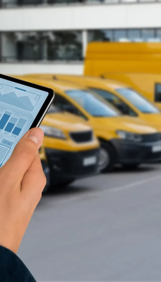 Manager with a digital tablet on the background of fleet of commercial vehicles