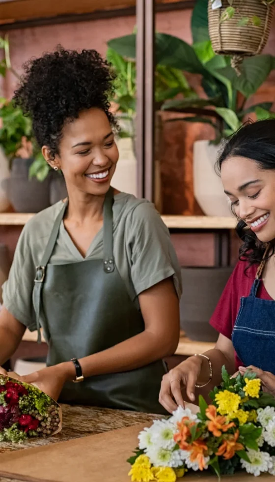 Two happy and smiling young woman florist working together in flower shop preparing delivery orders