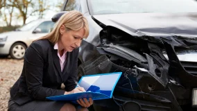 Female claims adjuster writing auto claims report on damaged car