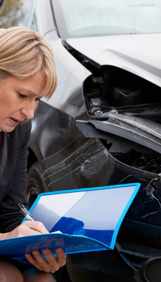 Female claims adjuster writing auto claims report on damaged car