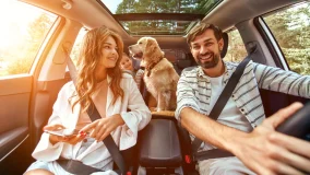 Mom and Dad with their daughter and their dog in the car safely traveling on a road trip