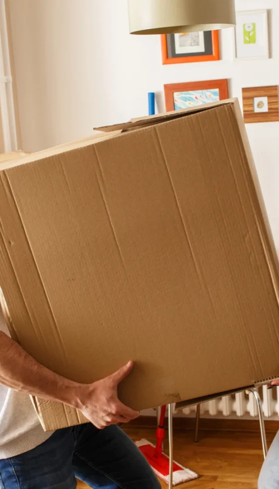 Young couple carrying cardboard box moving in together in new home