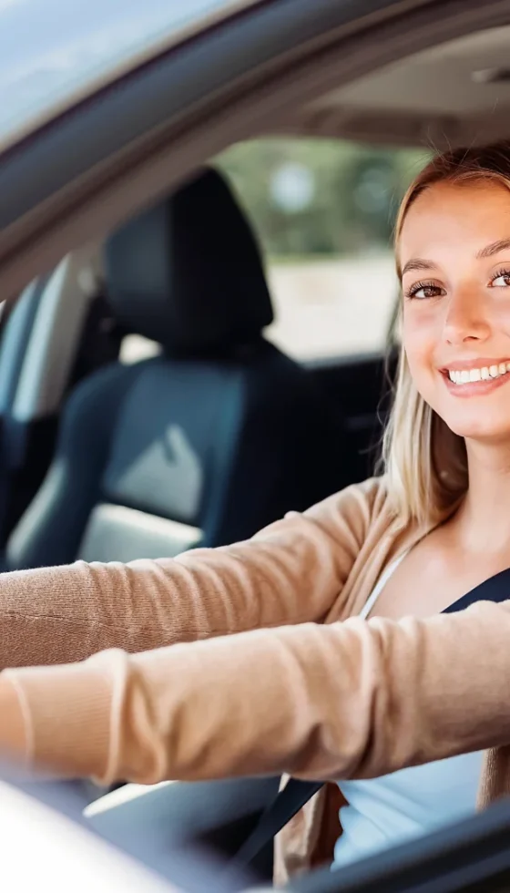 Woman safely driving a car wearing a seat belt with two hands on the steering wheel
