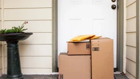 Front entryway of house with white door and stack of delivery boxes and black bird bath.