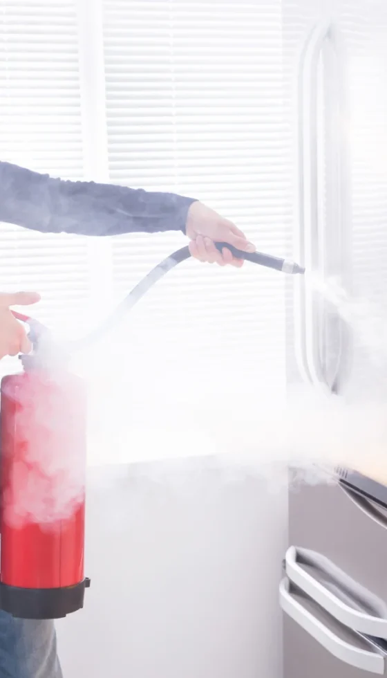 Young Man Using Red Fire Extinguisher To Stop Fire Coming From Oven In Kitchen Being Prepared Tips