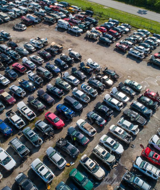 A large junk yard with salvaged and junked cars - cheap car insurance.