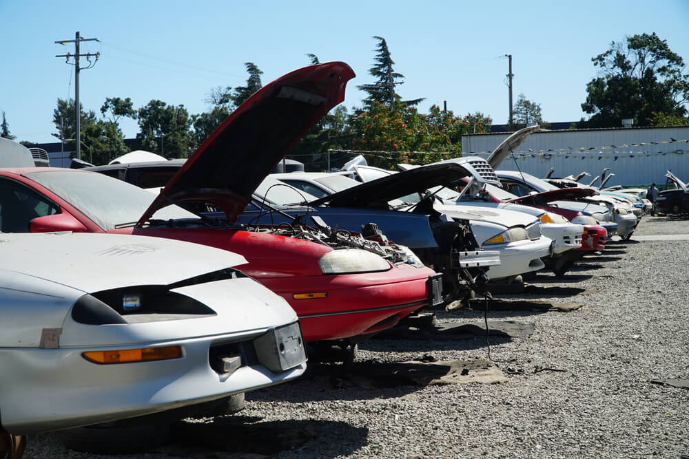 A junk yard with salvaged cars - cheap car insurance.