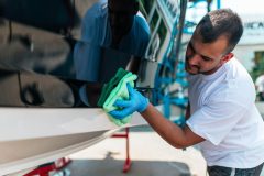 Man scrubbing his boat in preparation for spring season - cheap boat insurance.