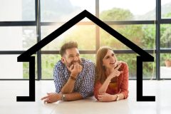 Couple, dreaming and planning for new house, relocation and investment in real estate or property. Woman, man and thinking for mortgage, loan or home ownership in future by rent lease or purchase - cheap home insurance.