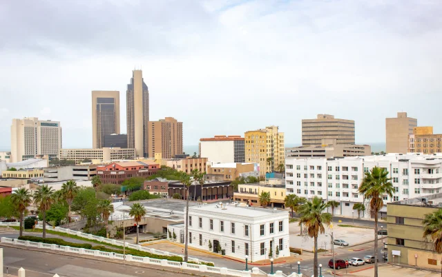 Downtown Corpus Christi skyline buildings along the Gulf Of Mexico – Corpus Christi, cheap car insurance in Texas
