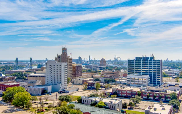 Aerial view of Beaumont Texas cityscape with modern and historic building, USA – Beaumont, cheap car insurance in Texas