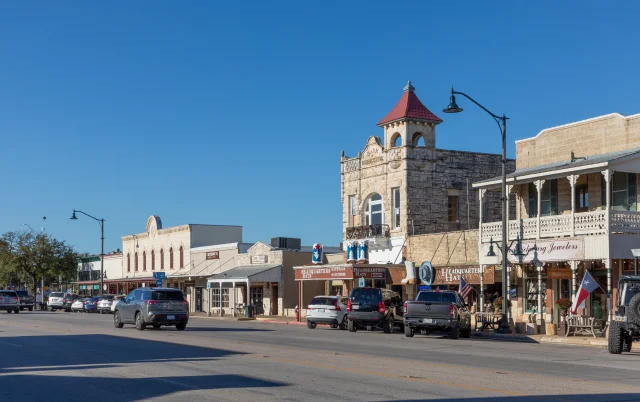 Main Street in Fredericksburg, Texas, known as The Magic Mile, showcasing retail stores and pedestrians – Fredericksburg, cheap car insurance in Texas