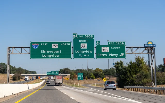 Estes Parkway and East Texas Regional Airport, and exit 595B North toward Loop 281 to Longview and the Amtrack station, Texas, USA – Longview, cheap car insurance in Texas