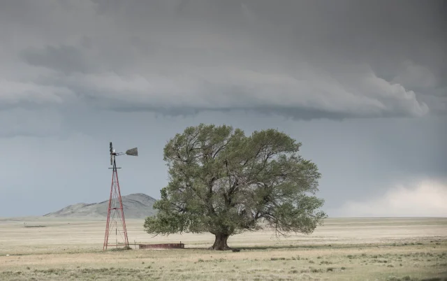 Clouds over a windmill and small tree in Plainview, Texas – cheap car insurance in Texas.