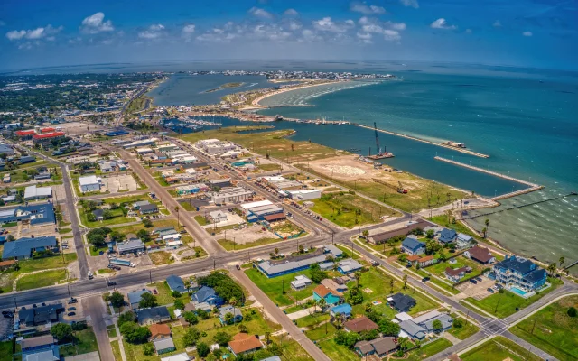 Aerial view of the coastal city of Rockport, Texas, on the Gulf of Mexico – Rockport, cheap car insurance in Texas