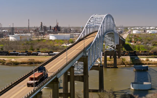 Drone shot of the Gulfgate Bridge across the Intracoastal Waterway in Port Arthur, Texas, USA – Port Arthur, cheap car insurance in Texas