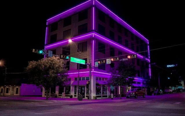The purple led lit building in downtown, Sherman, Texas, cheap car insurance in Texas
