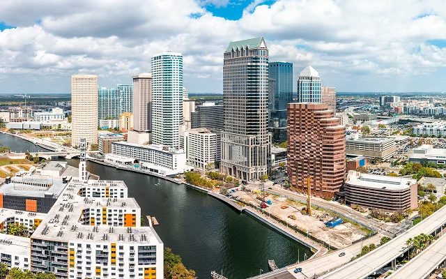 Aerial panorama of Tampa, Florida skyline – Tampa, cheap car insurance in Florida